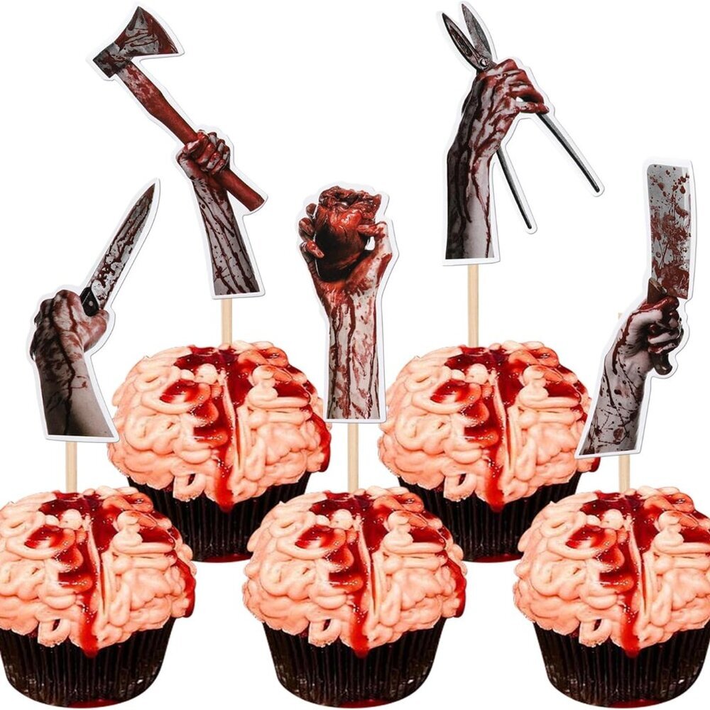 40-Pack Horror Halloween Cupcake Toppers - Zombie Hand Cupcake Picks, Blood-Stai